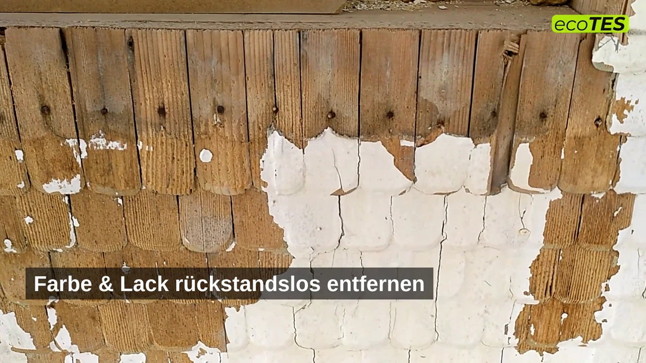 Holzschindeln entlacken mit Trockeneisstrahlen – ecoTES Trockeneisstrahlen entfernt Farbe und Lack von Holzschindeln