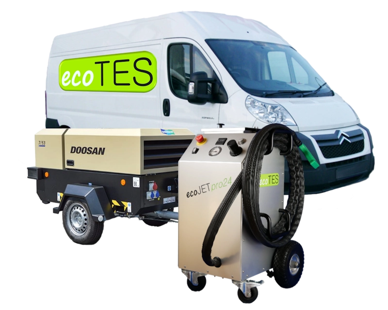 Mobile Reinigung mit ecoJET PRO ecoJET PRO mit mobilem Doosan-Kompressor und ecoTES-Fahrzeug für die mobile Reinigung vor Ort